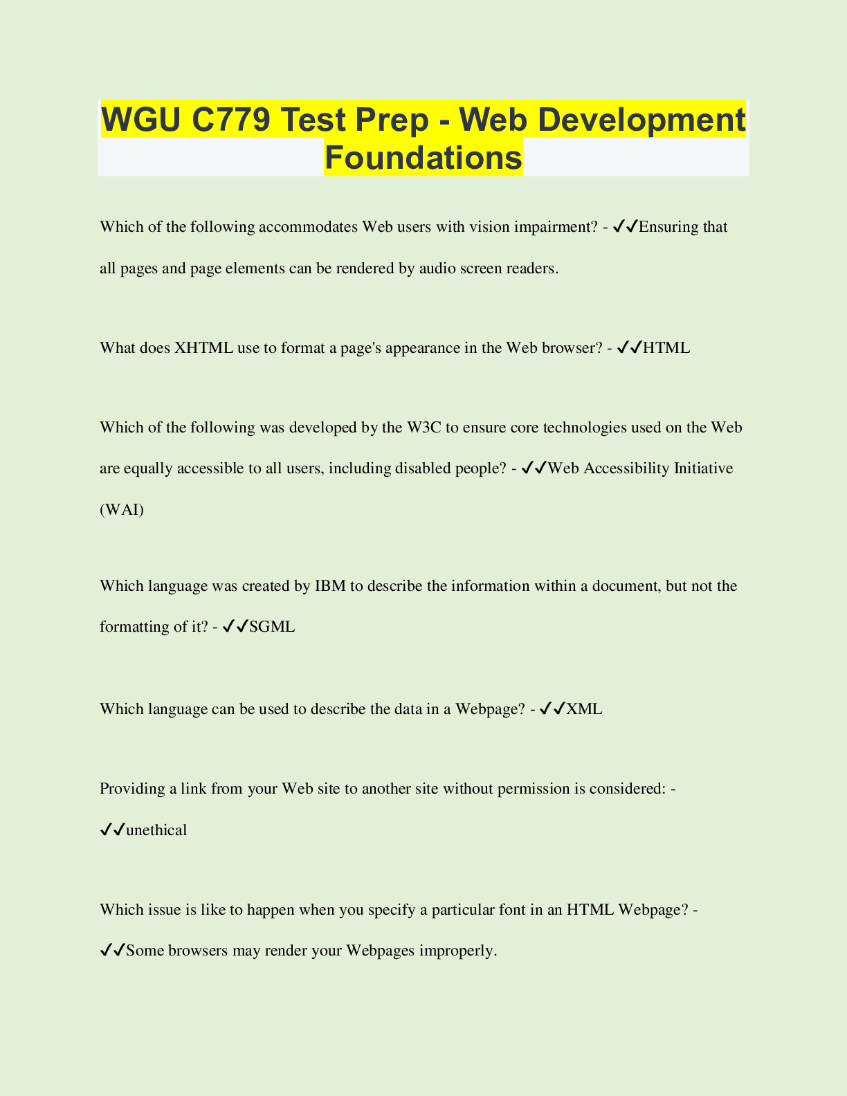 Preview of WGU C779 Test Prep - Web Development Foundations | Questions with 100% Correct Answers | V